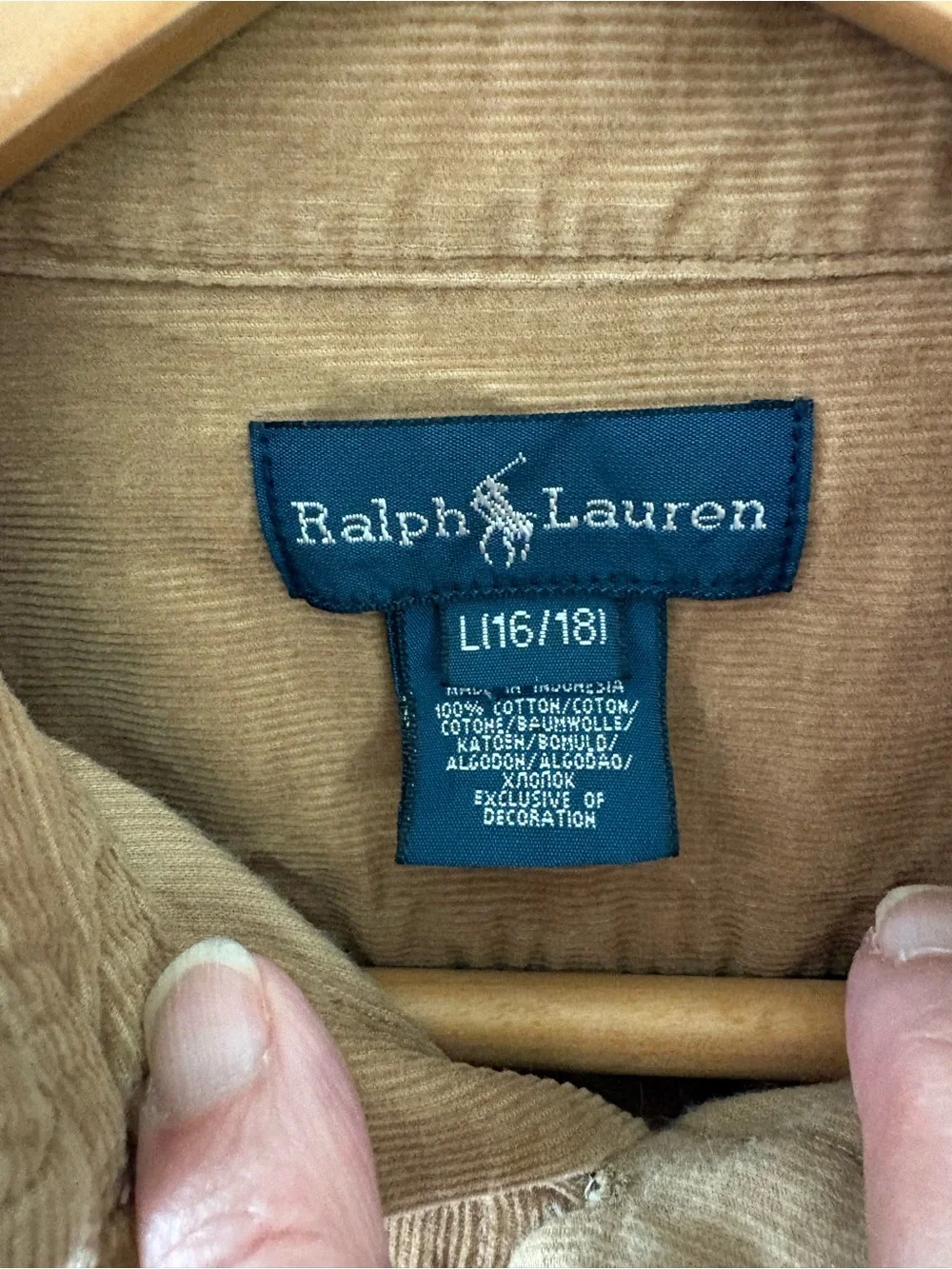 Ralph Lauren Corduroy Camel Color Button Down Shirt. Size L(16-18) Big Boys.